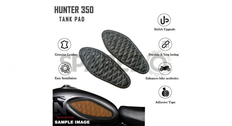 Royal Enfield Hunter 350 Genuine Leather Diamond Design Tank Pad Black D8 - SPAREZO